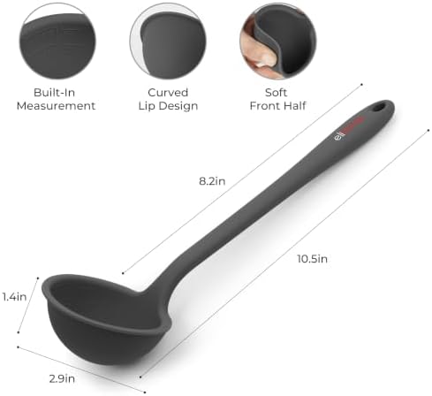 Elihome Classic 10.5 inch Silicone Soup Ladle Cooking Spoon: 600ºF Heat Resistant 2 oz Non-stick Seamless Deep Serving Spoon with Non Slip Long Handle for Cooking Sauce Stews Gravy Dark Grey