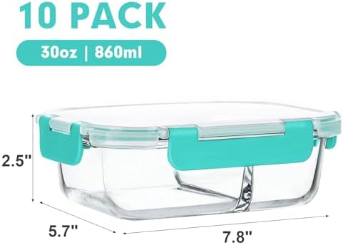 M MCIRCO 10 Pack,30 oz, 2 Compartments Glass Meal Prep Containers with Lids