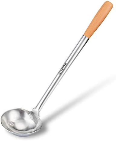 Tenta Kitchen Professional Large Stainless Steel Serving Ladle Spoon - Gravy Soup Spoon For School Canteen,Hotel Kitchen,Restaurant (Wooden Handle Ladle)