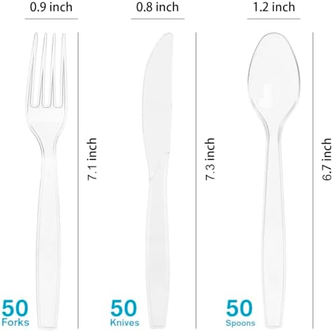 MOACOCK 150 Pcs Clear Plastic Silverware - 50 Forks, 50 Spoons, 50 Knives