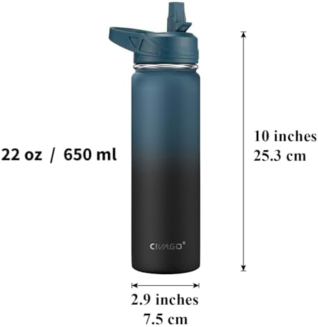 CIVAGO 22 oz Insulated Stainless Steel Water Bottle With Straw and 3 Lids