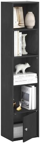 Furinno LUDER Book Shelf, 5-Tier Modern Bookshelf, Bookcase with 1 Door Storage Cabinet, 9.3 x 12 x 52, for Organization and Storage, for Living Room, Bedroom, Home Office, Blackwood