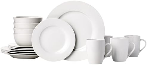 Amazon Basics 16-Piece Porcelain Dinnerware Set, Microwave and Dishwasher Safe, Service for 4, Plates, Bowls and Mugs, White