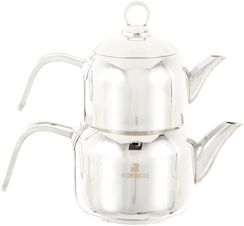 Karaca Manes Mini Turkish Teapot Set - Stainless Steel Teapot with Lid - (Turkish Tea Pot 0,85 Liters & Water Tank 1,25 Liters) - Non-Burning Bakelite Handles Midi Tea Maker & Induction Kettle