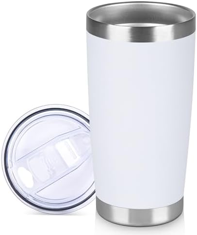 20 oz Tumbler Stainless Steel Tumblers Bulk with Lid Double Wall Insulated Coffee Tumbler Cups for Hot & Cold Drinks Powder Coated Travel Coffee Tumbler Mug Metal (White, 1 pack)