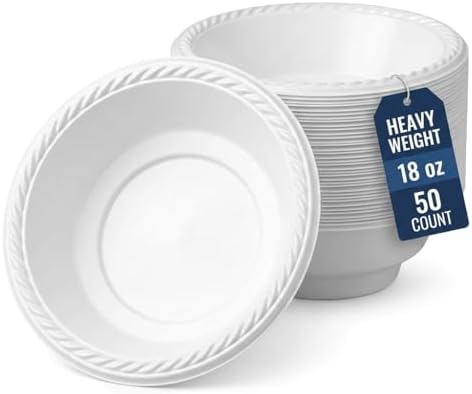 Disposable Plastic Bowls 18 oz, Heavy Duty White, 50 Count