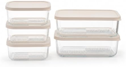 Glass Food Storage Containers with Lids - 10 Piece - 3 x 25.4 oz & 2 x 57.5 oz Glass with BPA-Free Leak Resistant Stackable Lids - Microwave, Oven & Dishwasher Safe - Ideal for Meal - Vanilla Mist