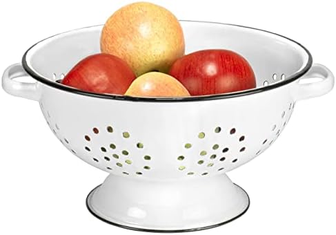 Red Co. Enamelware Metal Classic 10.5 Inch Round Food Strainer Colander with Two Handles, Distressed White/Black Rim