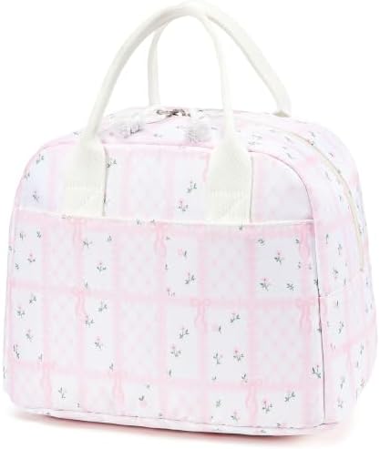LOVELYWIND Lunch Box for Women, Insulated Lunch Bag, Pink Checkered Tote