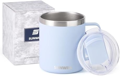 SUNWILL Insulated Coffee Mug, Stainless Steel 14 oz, Splash-Proof Lid