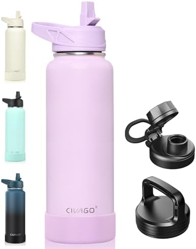 CIVAGO 40 oz Insulated Stainless Steel Water Bottle With Straw and 3 Lids