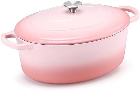 E-far 7QT Oval Dutch Oven Pot with Lid, Pink Enameled Cast Iron Dutch Oven