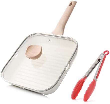 Kordisen Nonstick Grilling Pan with Lid for Stove Tops, 9.5 Inch Square Grill Pan for Indoor Cooking, Healthy Coating Grill Skillet with Pour Spouts, Versatile Griddle, Induction Steak Pan, White