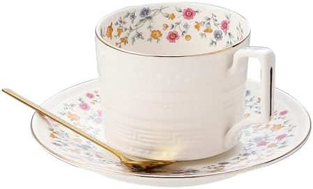 Country Roses Porcelain Tea Cup and Saucer Set with Gold Trim, Vintage Style, For Women and Tea Parties (1, P)