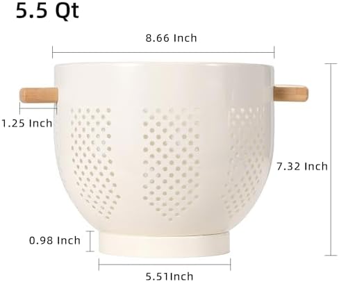 Metal Colander with Wood Handle and Stable Base, 5.5 Quart Powder Coated Steel Kitchen Strainer Basket for Draining Pasta, Vegetable and fruit,Cream
