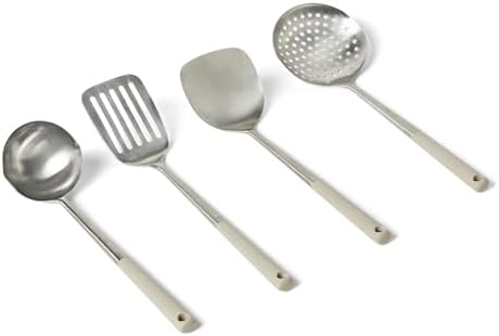 Amazon Basics Stainless Steel Cooking Utensil Set with Ladle, Spatula, Slotted Spatula and Slotted Spoon, 4-Piece Set, Soft Grip Handle, Dishwasher-Safe, Linen Gray