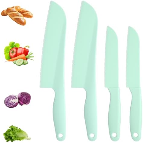 4 Pack Lettuce Knife 11/8.5" Plastic Cake Knifes to Prevent Browning Serrated Kitchen Cutter for Cutting Fruits, Cakes and Bread Dishwashable Safe for Kids Nylon Cutters for Nonstick Pans (Green, L&S)