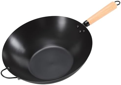 DUMOS 13.5" Carbon Steel Wok Pan, No Chemical Coating, Pre-Seasoned Flat Bottom Pow Wok for Family Meals and Camping, Compatible with Induction, Electric, Gas, Open Fire, Black
