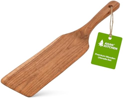 AIUHI Teak Wood Spatula for Cooking, Large Turner for Non-Stick Cookware, Handcrafted Flat Solid Wok Spatula