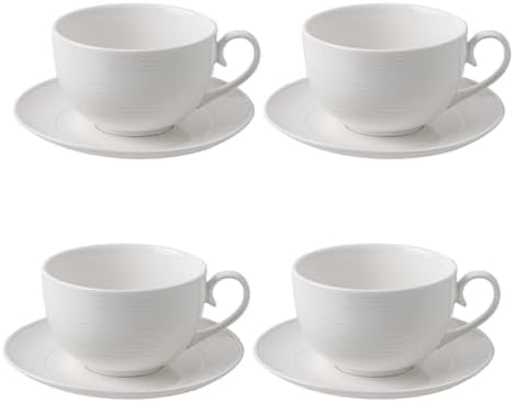 12 oz Cappuccino Cups with Saucers, Ceramic Coffee Cups Set of 4, White Latte Cup and Saucer, Elegant Tea Mugs Set, Microwave Dishwasher Safe Drinkware for Cafe, Housewarming Gift