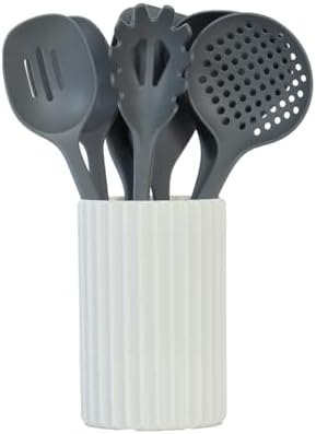 Glad Kitchen Utensils Set, 8pcs - Nonstick Cooking Tools with Utensil Holder - Nylon Spoon, Ladle, Skimmer, Spaghetti Server, and Turner Spatula Set - Dishwasher Safe, Grey