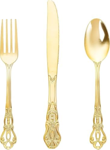 90PCS Gold Plastic Silverware Elegant for Parties Family Dinners