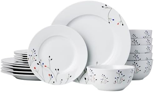 Amazon Basics 18-Piece Complete Kitchen Dinnerware Set, Microwave and Dishwasher Safe, Plates, Dishes, Bowls, Service for 6, Branches