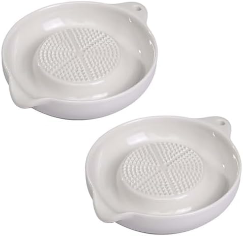 2 Pcs DelloidMaz 3.5 Inch White Ceramic Grater Plate for Ginger, Garlic, Onion, Cheese, Lemon, Chocolate, Vegetables and Fruits for Kitchen (2 Pcs, White)
