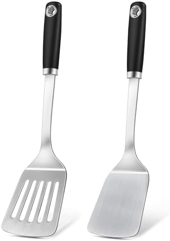 2 Pcs Silicone Stainless Steel Spatulas Set, Metal Spatula Solid & Slotted Turner, Heavy Duty Sturdy Spatula for Kitchen Use, High Heat Resistant Cooking Utensils for Fish Eggs Pancakes, Easy to Clean