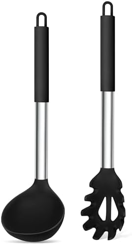 TeamFar Silicone Pasta Fork and Ladle, Nonstick Kitchen Utensils, Black