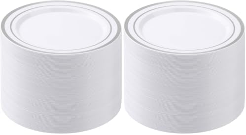 BESTSTAR 100PCS White Plastic Plates for Party, 10.25 Inch Disposable Plates with Silver Rim, Heavy Duty Dinner Plates for Wedding and Birthday (Pack of 2)