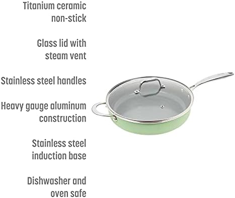 Goodful Ceramic Nonstick Deep Saute Pan with Lid, Dishwasher Safe Pots and Pans, Comfort Grip Stainless Steel Handle, Skillet Frying Pan Made without PFOA, 4-Quart, Green