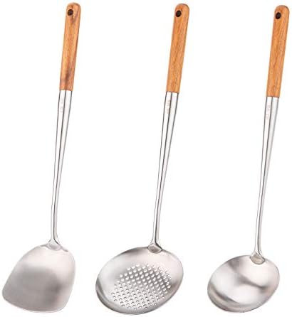 FJNATINH Wok Spatula and Ladle,Skimmer Ladle Tool Set, 17inches Spatula for Wok, 304 Stainless Steel Cooking Utensils