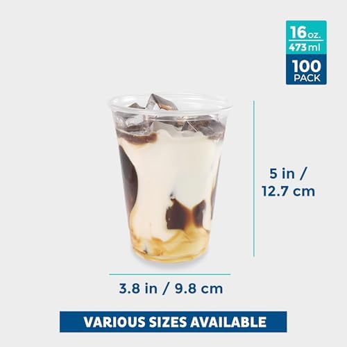 Freshware Clear Plastic Cups [100 Pack - 16 oz] Disposable Cups for Iced Coffee, Smoothie, Milkshake, Cold Drinks