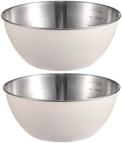 Stainless Steel Salad Bowls Set of 2 Mixing Bowl with Measurement Markings Snacks Bowls, 2.11 Quart White Serving Bowls for Mixing, Cooking, Baking, Prepping and Home Kitchen Food Storage Bowls