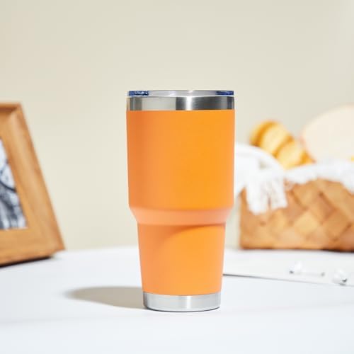 MEWAY 30oz Insulated Tumbler With Lids and Straws,Stainless Steel Double Vacuum Coffee Tumbler Cup, Brush, Durable Powder Coated Coffee Cup for Cold & Hot Drinks, Office, Travel(Orange,4 PACK)