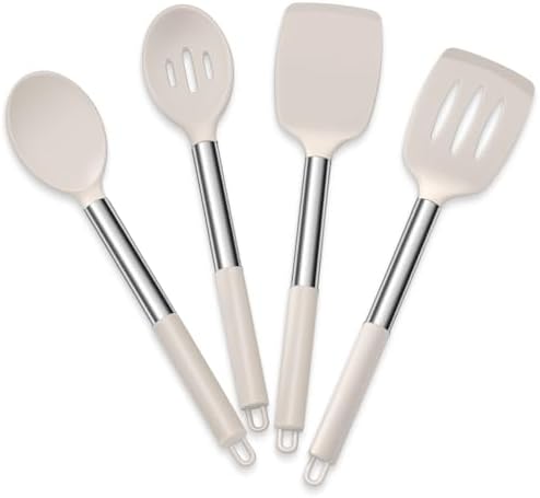 E-far Cooking Utensils Set of 4, Silicone Kitchen Utensils for Non-stick Cookware, Heat Resistant & Non-toxic Slotted Spatula Solid Spoon Turner for Flipping Mixing Serving Basting(Khaki)