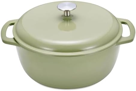 Amazon Basics Cast Iron Dutch Oven Pot with Lid, Enameled, Round, Dual Handles, Heavy-Duty, Large, 7.3-quart, Olive