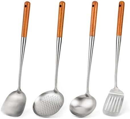 FJNATINH 17inch Wok Spatula and Ladle, Skimmer Spoon, Slotted Turner Spatula Set 304 Stainless Steel Kitchen Utensils Sets, 4-Pieces Cooking Utensils Tools Wok Accessories