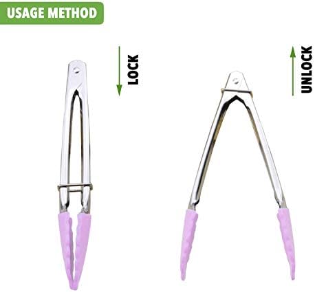 HINMAY 7-Inch Serving Tongs with Silicone Tips, Set of 3 (Pink)