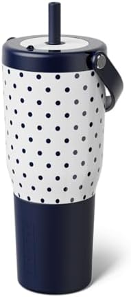 BrüMate Resa 35oz 100% Leakproof Tumbler w/Handle & Straw | Flexible SoftSip Straw | Silicone Sleeve for Durability | Stainless Steel | Cup Holder & Travel Friendly Water Bottle (White Polka Dots)
