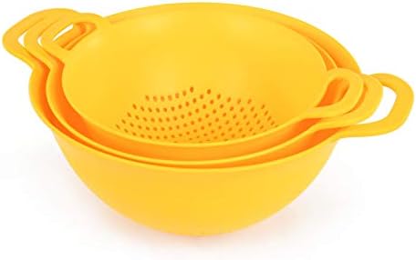 Mintra Home Plastic Strainer Colanders Set: 3, 3.5 and 5 Quart (Yellow) Double Strong Handles and Deep Bowl, Safe BPA-Free - Use for Pasta, Noodles, Spaghetti, Vegetables (Assorted Sizes 3pk)
