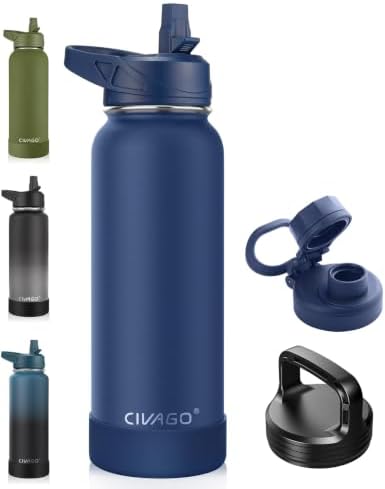 CIVAGO 40 oz Insulated Stainless Steel Water Bottle With Straw and 3 Lids