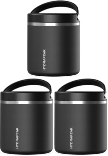 Hydrapeak 25oz Stainless Steel Vacuum Insulated Food Jar for Hot Food and Cold Food, Wide Mouth Leak-Proof Soup Jar for Adults, 10 Hours Hot and 16 Hours Cold (Black) (Pack of 3)