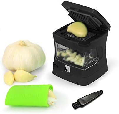 Garlic-A-Peel Garlic Press, Crusher, Cutter, Mincer, and Storage Container - Includes Silicone Garlic Peeler - Easy to Clean - Stainless Steel Blades – (Black), standard