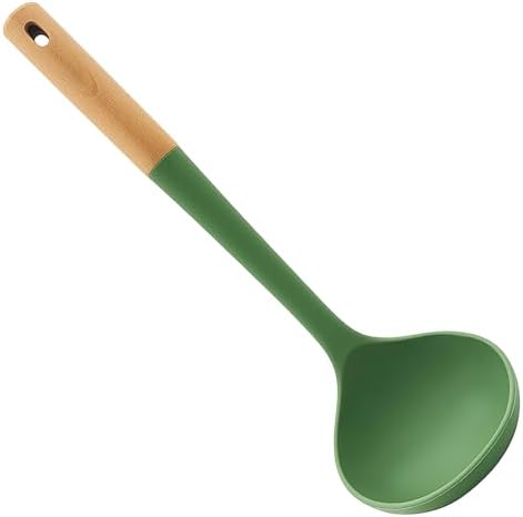 Beille 1pc Ladle Beech Wood and Silicone Kitchen Utensils Meal Prep Cooking Baking Supplies Home Essentials, Olive Green