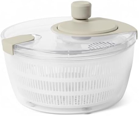 Amazon Basics Salad Spinner with Non-Skid Base and Spin Knob, Removable Basket Colander, 4.2 qt., BPA-Free, Linen Gray