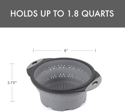 Dexas 8" Collapsible Silicone Colander in Cool Grey, Kitchen Strainer with Handles, 7.2 Cup Capacity | BPA-Free, Heat-Resistant, Space-Saving Kitchen Tool