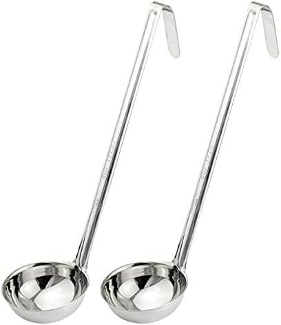 Fit Meal Prep [2 Pack] Stainless Steel Soup Ladle - One-Piece Sauce Spatula with Hook Handles, Commercial Grade Serving Spoon, Kitchen Tool for Restaurant or Home Cooking, Mirror Finish, 14.25" Long