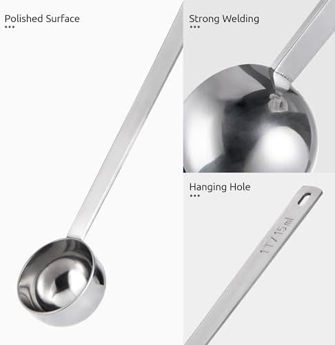 U-Taste Coffee Scoop 1&2 Tablespoon: 18/8 Stainless Steel Measuring Scooper for Ground Coffee, Bean, Powder, Espresso, 8.5in Long Handle Metal Meaure Spoon for Canister, Jar (1&2Tbsp/15&30ml, Silver)